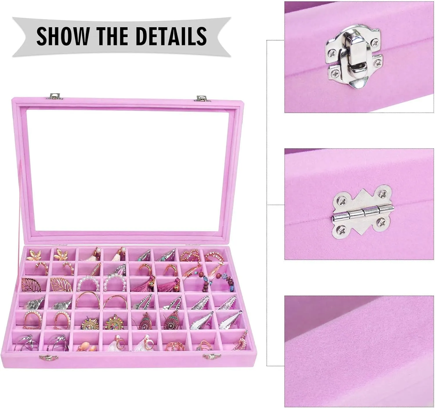 Velvet Jewelry Tray 48 Grid Jewelry Display Tray Organizer Box with Transparent Lid Rings Earrings Necklaces Pendants Display Box Suitable for Women and Girls (Pink)