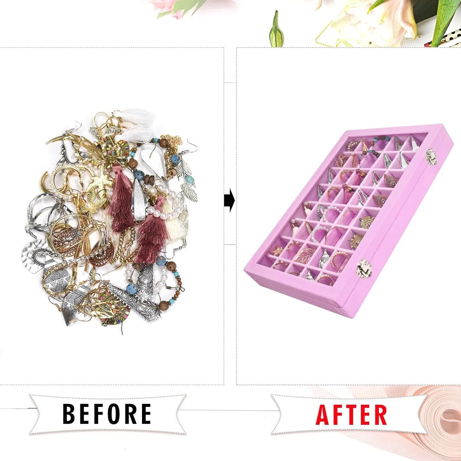 Velvet Jewelry Tray 48 Grid Jewelry Display Tray Organizer Box with Transparent Lid Rings Earrings Necklaces Pendants Display Box Suitable for Women and Girls (Pink)