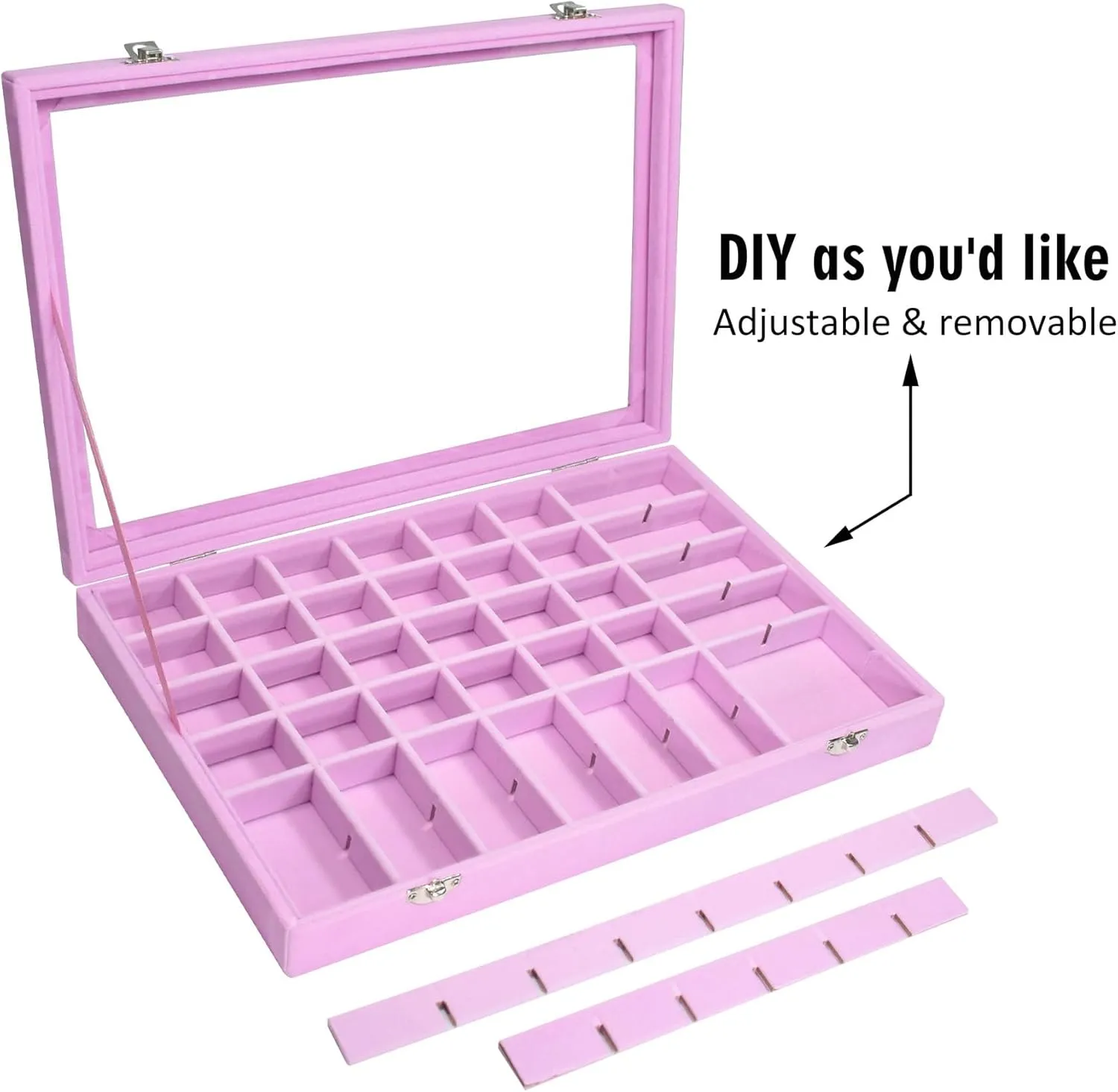 Velvet Jewelry Tray 48 Grid Jewelry Display Tray Organizer Box with Transparent Lid Rings Earrings Necklaces Pendants Display Box Suitable for Women and Girls (Pink)
