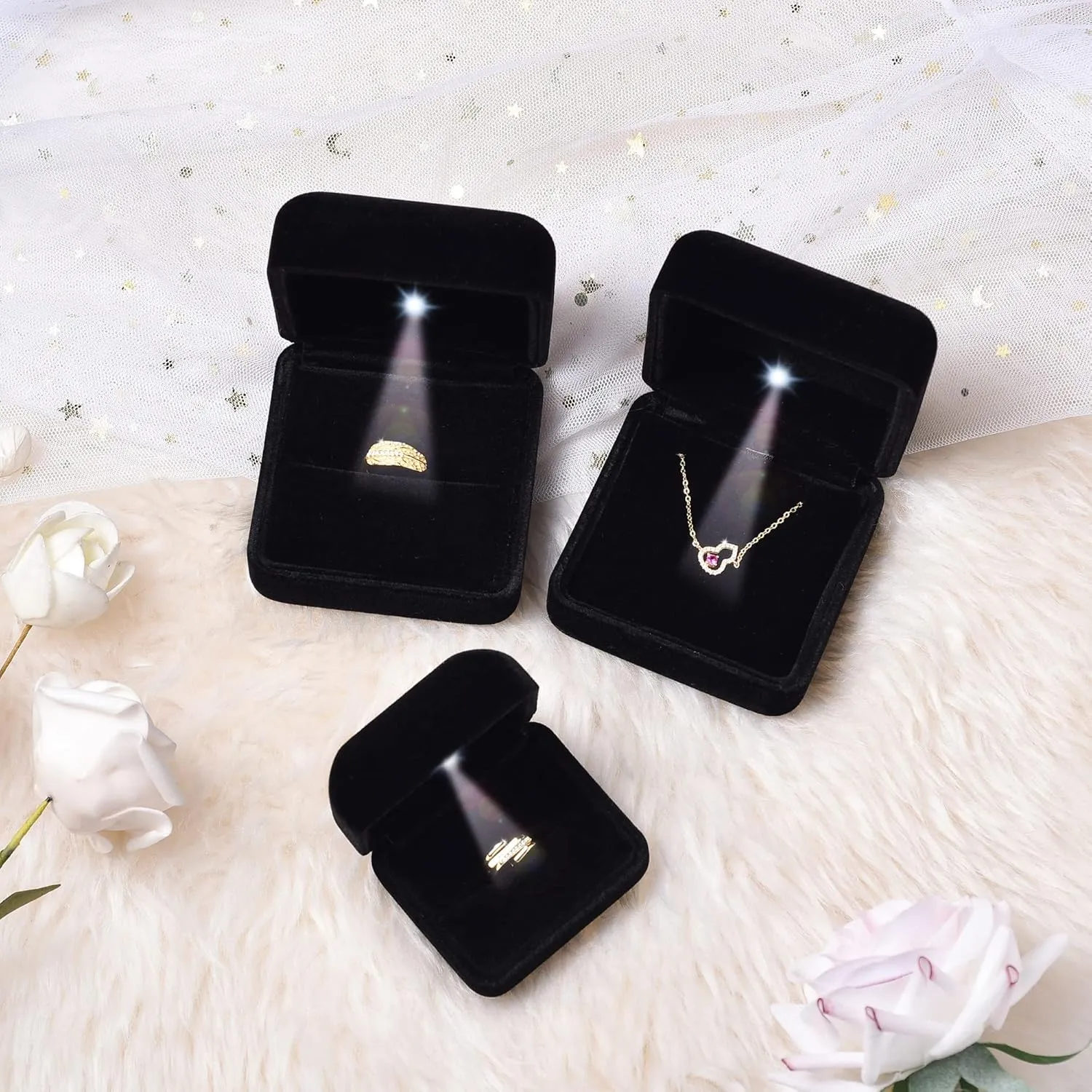 Velvet Metal Glossy with LED Pendant Box Necklace Box Couple Bracelet Box Jewelry Gift Box Case for Valentine's Day Anniversary Wedding Engagment Christmas - Black