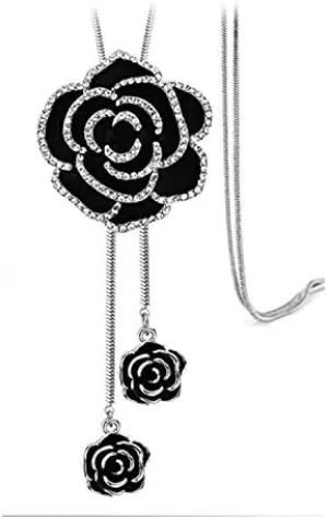 Vintage Black Enamel CZ Rose Flower Pendant Long Lariat Y Necklace for Women Crystal Fashion Statement Tassel Drop Elegant Sweater Adjustable Snake Chain Wedding Jewelry for Her 33''
