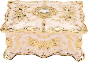 Vintage Jewelry Box, Luxury Rose Relief Design Rectangle Alloy Jewelry Box Trinket Organizer Storage Box Engraved Jewelry Decorative Box Keepsake Gift for Girls Ladies(Gold White)