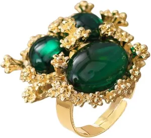 Vintage Oval Round Stone Statement Ring for Women Gold Plated Elegant Colorful Birthstone Flower Beaded Adjustable Open Wrap Finger Rings Comfort Fit Antique Art Deco Jewelry