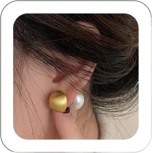 Vintage Pearl Double Sided Stud Earrings Temperament Pearl Double Sided Front Back Stud Statement Silver Matte Half-ball Earrings Christmas Valentines Jewelry Gifts for Women