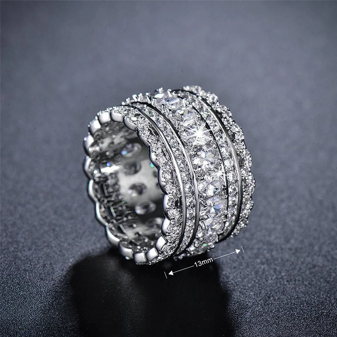Vintage Princess Cubic Zirconia Wide Wedding Band Eternity Statement Cocktail Ring 18k White Gold Plated Jewelry