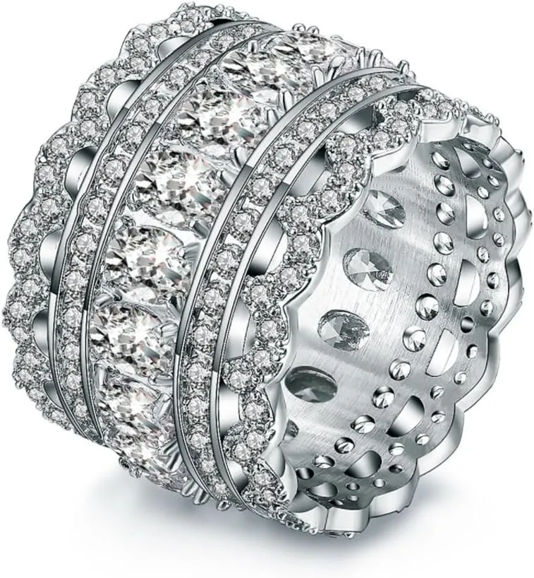 Vintage Princess Cubic Zirconia Wide Wedding Band Eternity Statement Cocktail Ring 18k White Gold Plated Jewelry