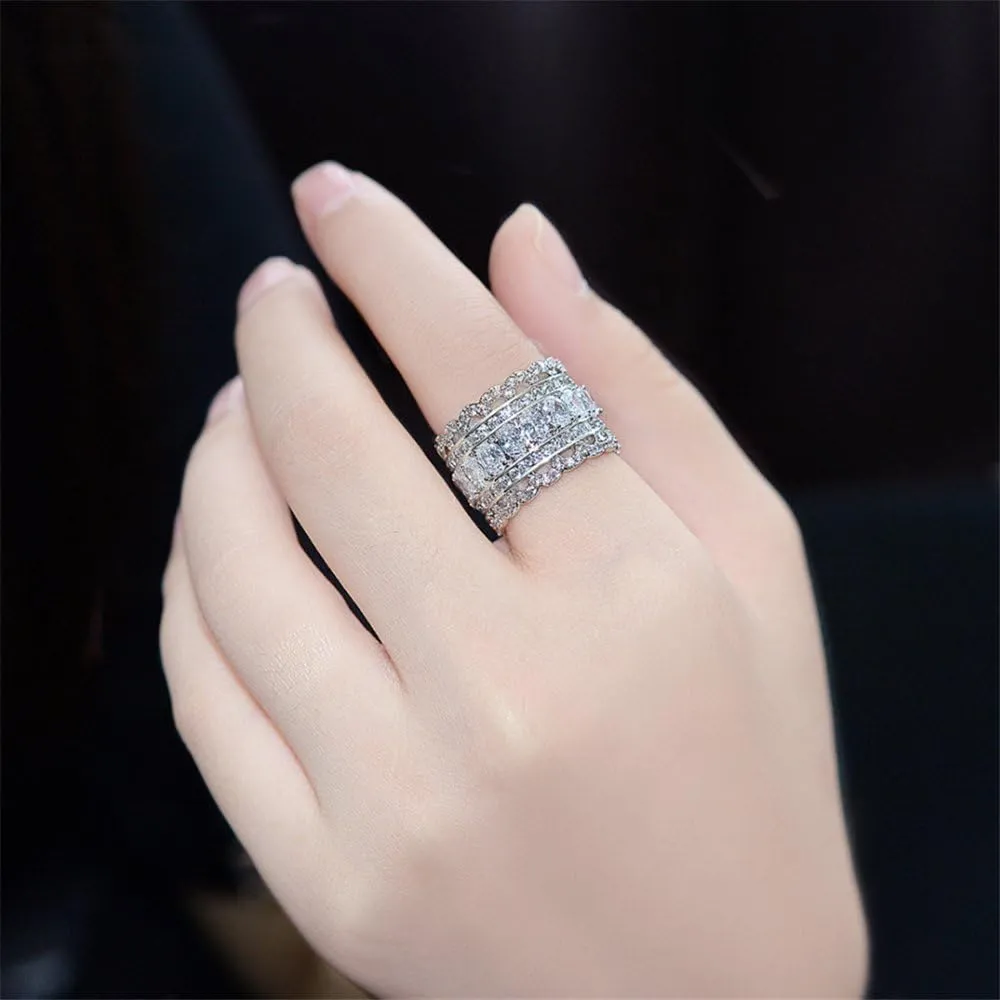 Vintage Princess Cubic Zirconia Wide Wedding Band Eternity Statement Cocktail Ring 18k White Gold Plated Jewelry