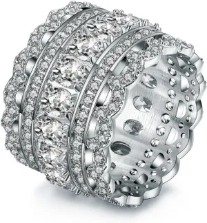 Vintage Princess Cubic Zirconia Wide Wedding Band Eternity Statement Cocktail Ring 18k White Gold Plated Jewelry