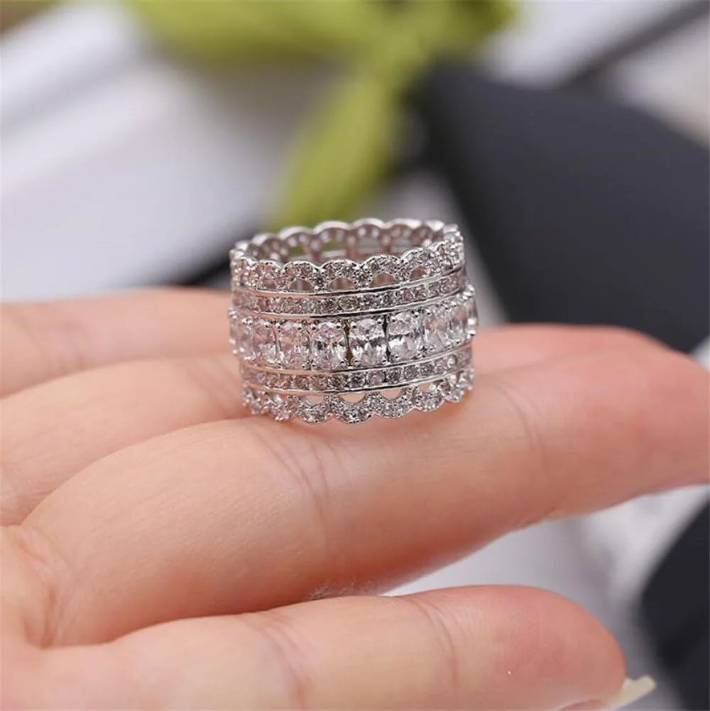 Vintage Princess Cubic Zirconia Wide Wedding Band Eternity Statement Cocktail Ring 18k White Gold Plated Jewelry