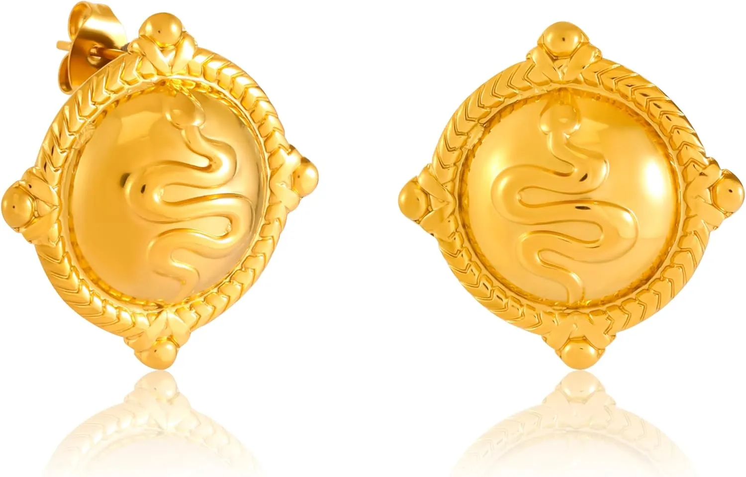 Vintage Snake Pattern Stud Earrings for Women - 18k Gold Plated Hypoallergenic Dainty Chunky Flatback Stud Earrings - Trendy Gold Earring for Gift