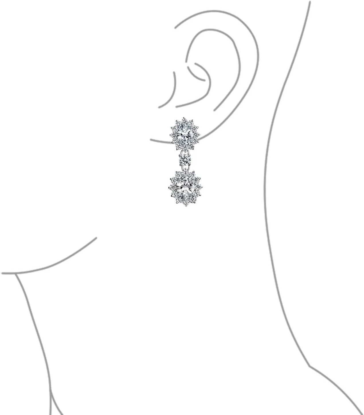 Vintage Style Bridal Simulated Gemstone Statement Pave Crown Halo Cubic Zirconia AAA CZ Long Dangling Oval Teardrop Chandelier Clip On Earrings For Women Non-Pierced