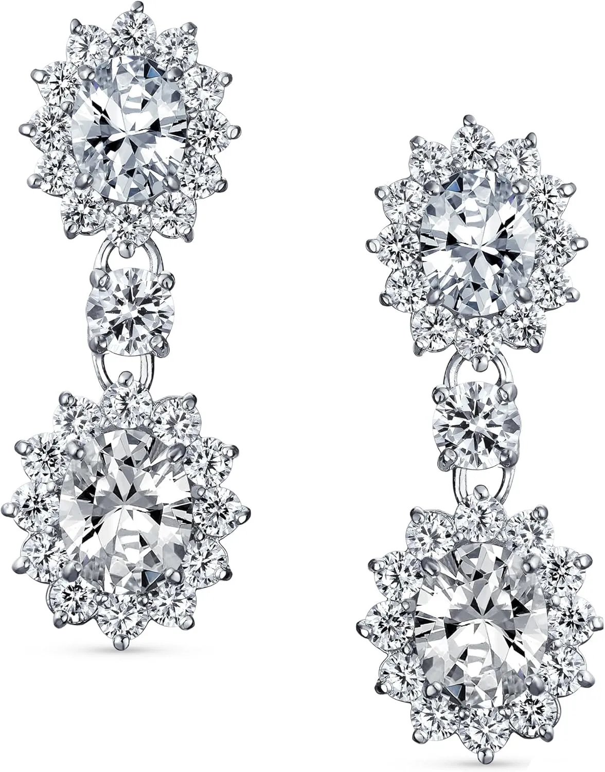Vintage Style Bridal Simulated Gemstone Statement Pave Crown Halo Cubic Zirconia AAA CZ Long Dangling Oval Teardrop Chandelier Clip On Earrings For Women Non-Pierced