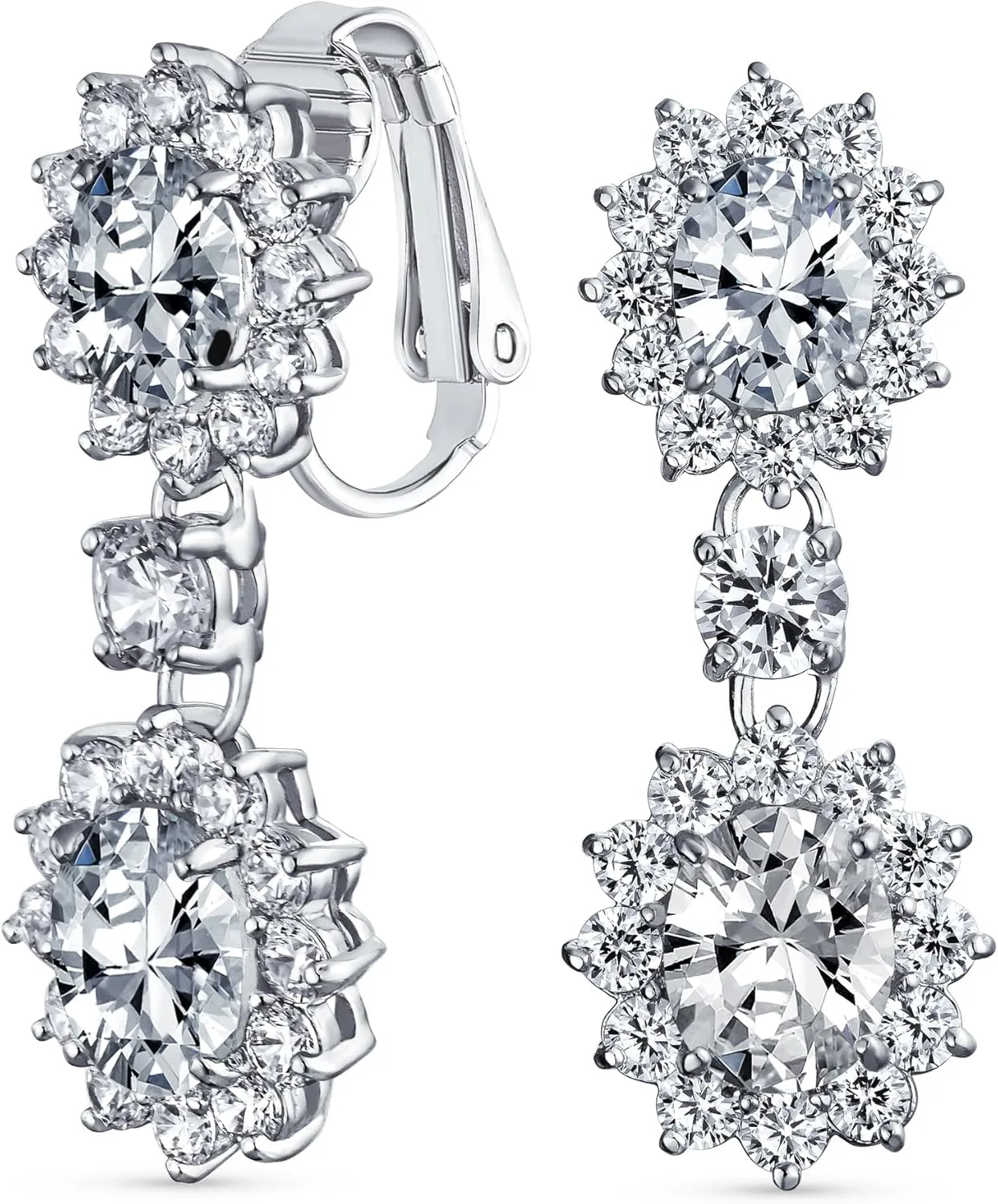 Vintage Style Bridal Simulated Gemstone Statement Pave Crown Halo Cubic Zirconia AAA CZ Long Dangling Oval Teardrop Chandelier Clip On Earrings For Women Non-Pierced
