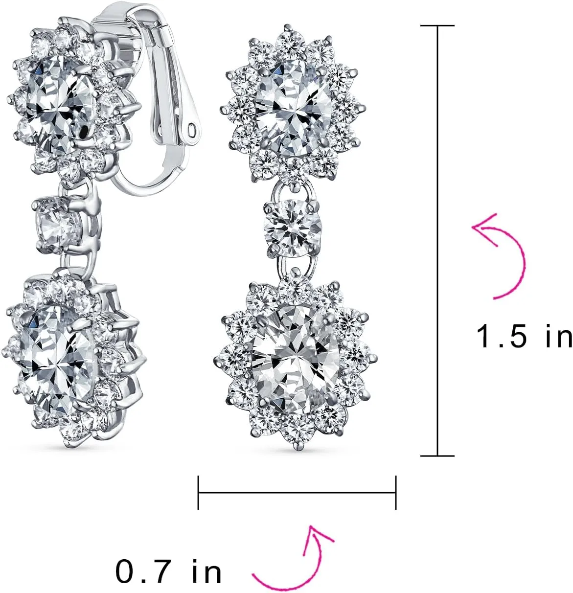 Vintage Style Bridal Simulated Gemstone Statement Pave Crown Halo Cubic Zirconia AAA CZ Long Dangling Oval Teardrop Chandelier Clip On Earrings For Women Non-Pierced