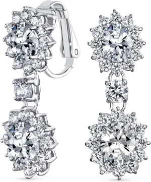 Vintage Style Bridal Simulated Gemstone Statement Pave Crown Halo Cubic Zirconia AAA CZ Long Dangling Oval Teardrop Chandelier Clip On Earrings For Women Non-Pierced