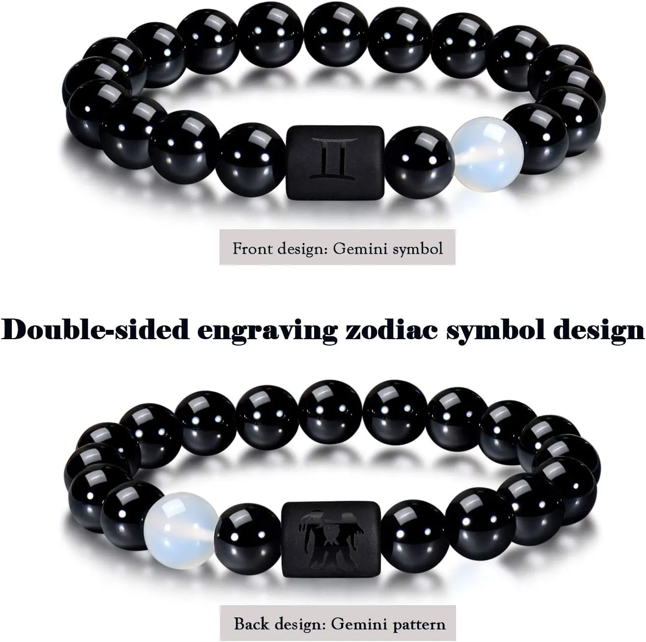 VLINRAS Zodiac Bracelet for Men Women, 8mm 10mm Natural Black Onyx Stone Star Sign Constellation Horoscope Bracelet Gifts