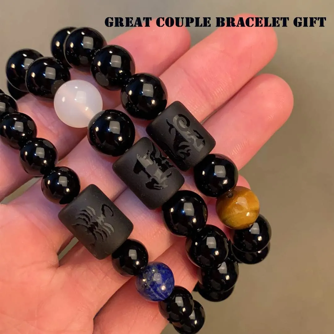 VLINRAS Zodiac Bracelet for Men Women, 8mm 10mm Natural Black Onyx Stone Star Sign Constellation Horoscope Bracelet Gifts