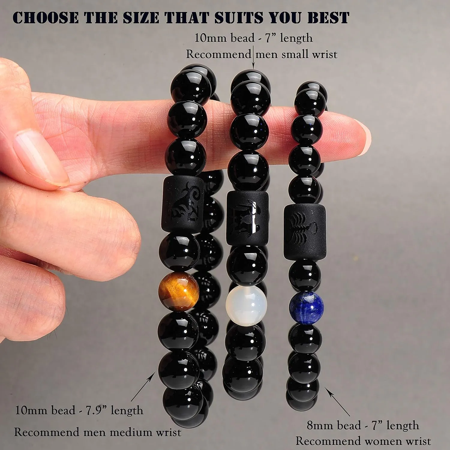 VLINRAS Zodiac Bracelet for Men Women, 8mm 10mm Natural Black Onyx Stone Star Sign Constellation Horoscope Bracelet Gifts