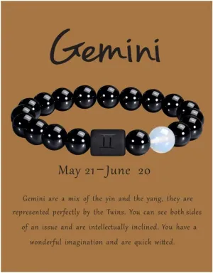 VLINRAS Zodiac Bracelet for Men Women, 8mm 10mm Natural Black Onyx Stone Star Sign Constellation Horoscope Bracelet Gifts