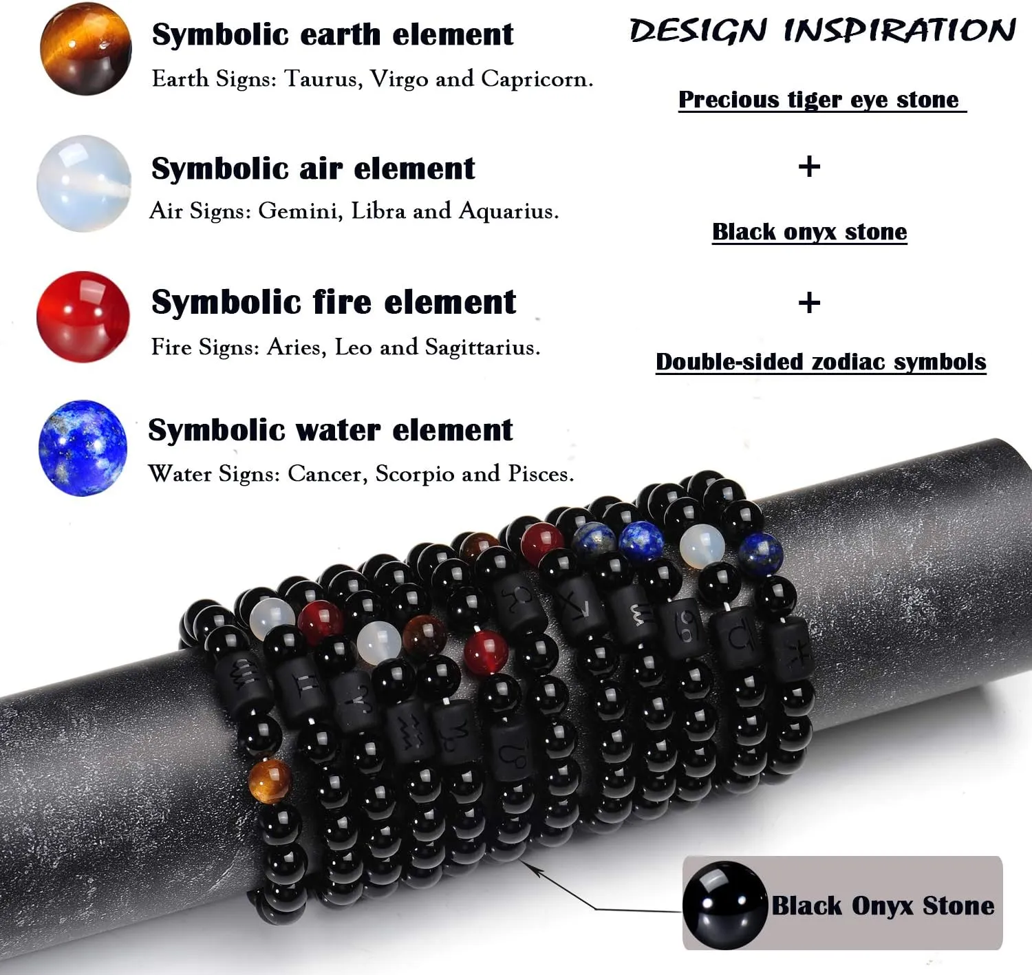 VLINRAS Zodiac Bracelet for Men Women, 8mm 10mm Natural Black Onyx Stone Star Sign Constellation Horoscope Bracelet Gifts