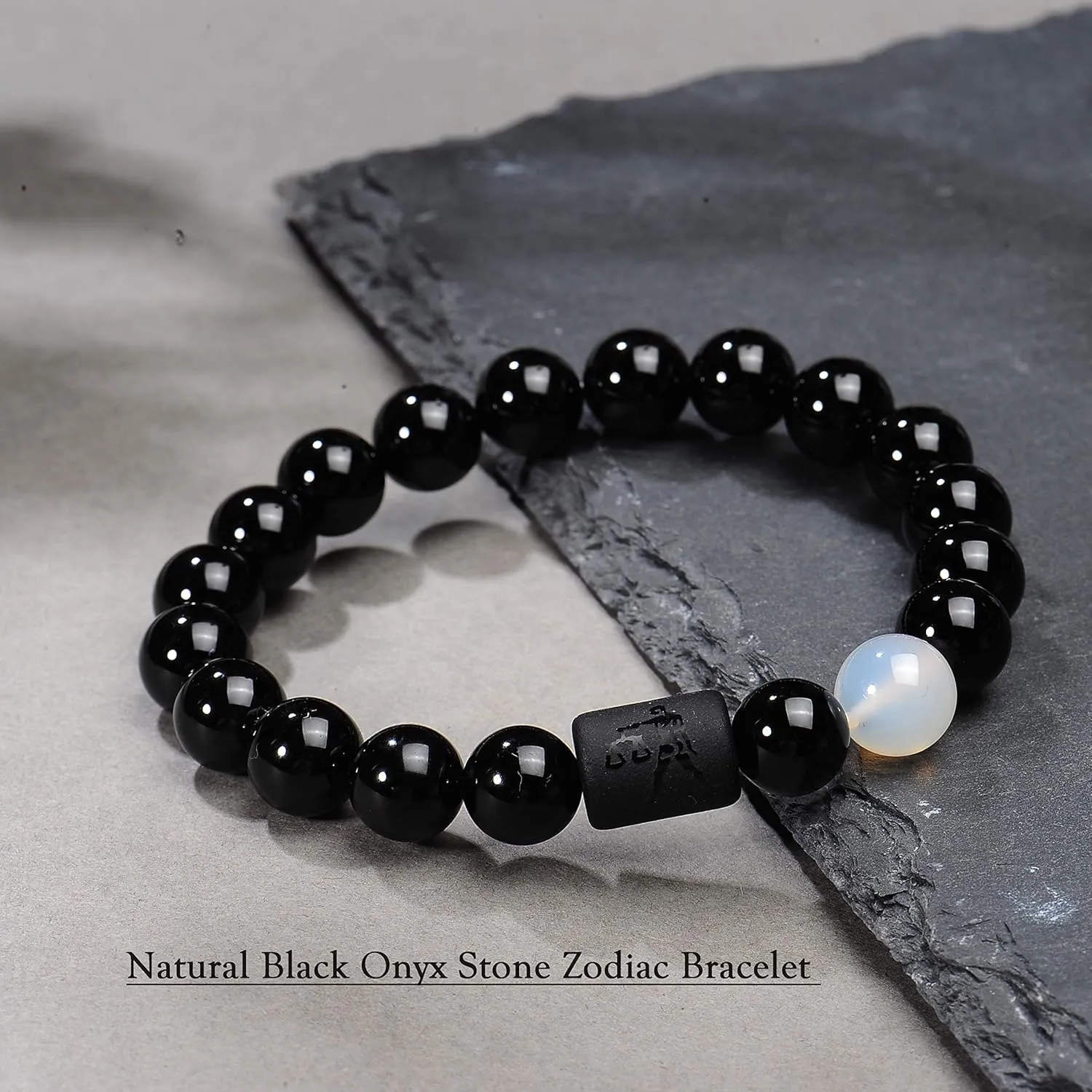 VLINRAS Zodiac Bracelet for Men Women, 8mm 10mm Natural Black Onyx Stone Star Sign Constellation Horoscope Bracelet Gifts