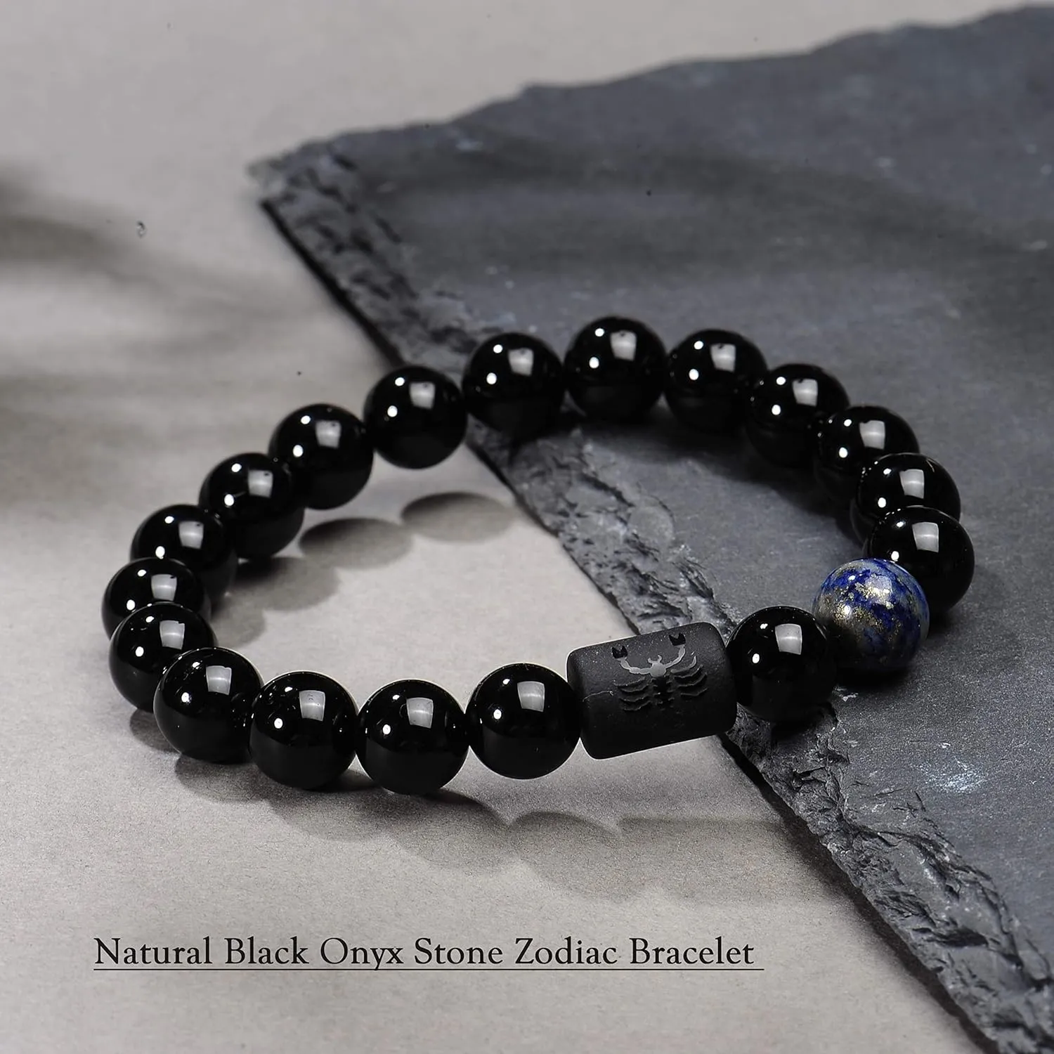 VLINRAS Zodiac Bracelet for Men Women, 8mm 10mm Natural Black Onyx Stone Star Sign Constellation Horoscope Bracelet Gifts