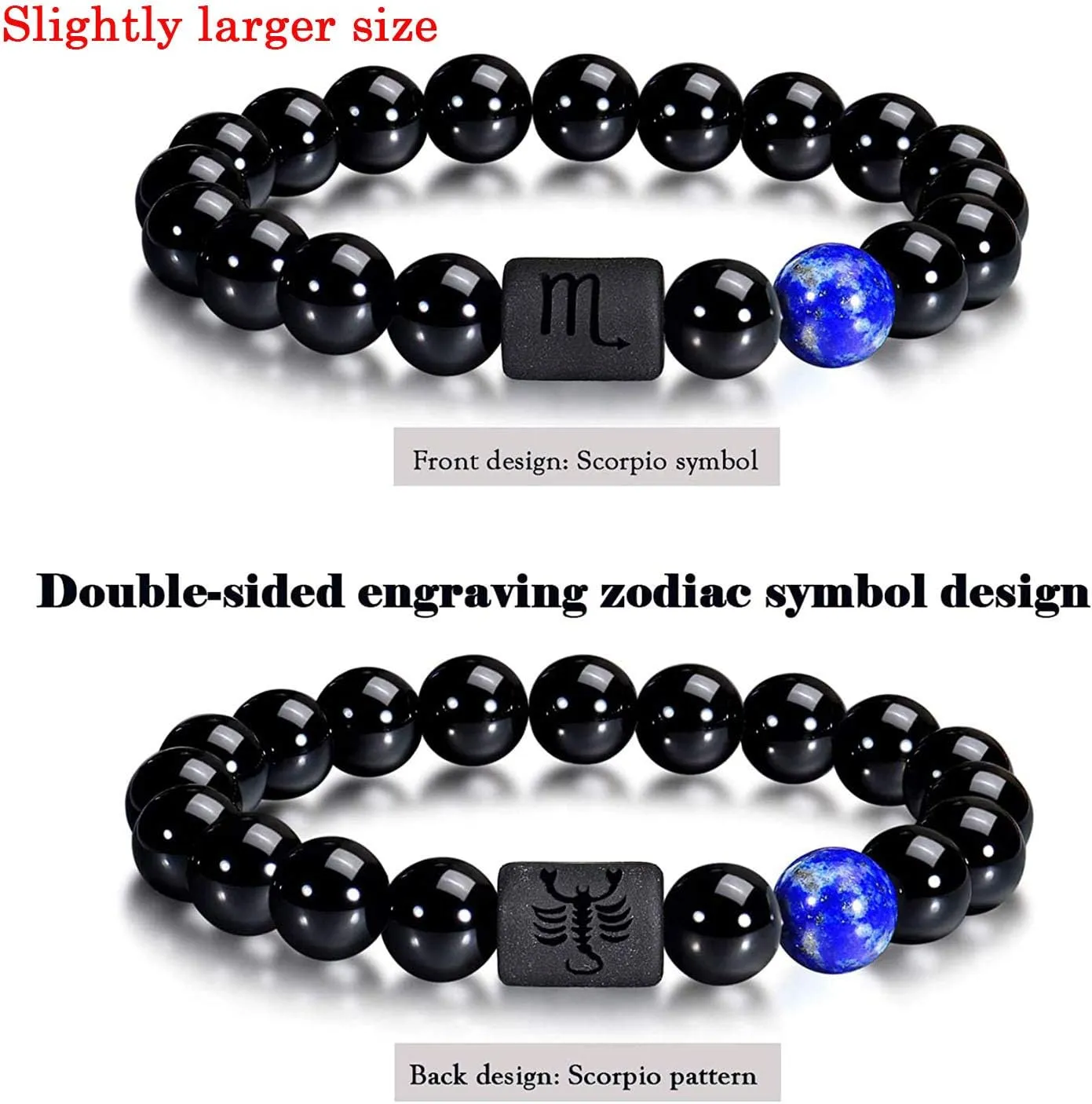VLINRAS Zodiac Bracelet for Men Women, 8mm 10mm Natural Black Onyx Stone Star Sign Constellation Horoscope Bracelet Gifts