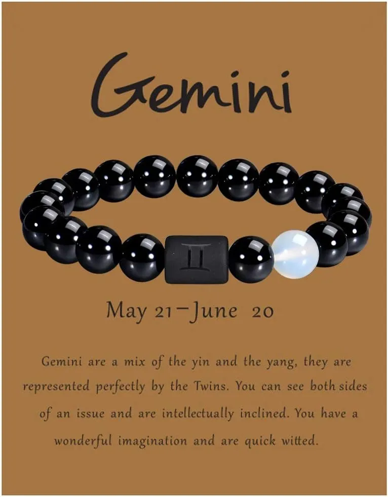 VLINRAS Zodiac Bracelet for Men Women, 8mm 10mm Natural Black Onyx Stone Star Sign Constellation Horoscope Bracelet Gifts