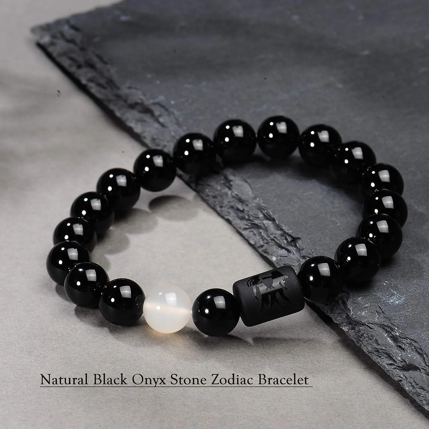 VLINRAS Zodiac Bracelet for Men Women, 8mm 10mm Natural Black Onyx Stone Star Sign Constellation Horoscope Bracelet Gifts