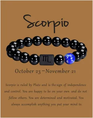 VLINRAS Zodiac Bracelet for Men Women, 8mm 10mm Natural Black Onyx Stone Star Sign Constellation Horoscope Bracelet Gifts