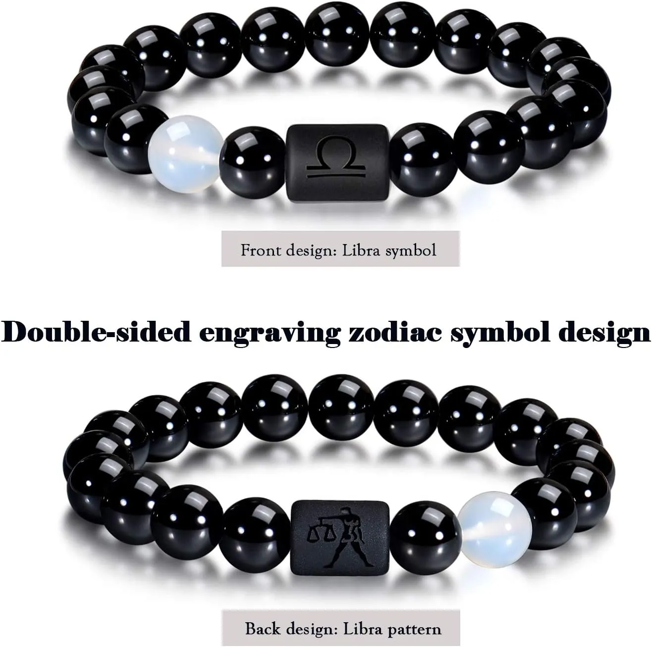 VLINRAS Zodiac Bracelet for Men Women, 8mm 10mm Natural Black Onyx Stone Star Sign Constellation Horoscope Bracelet Gifts