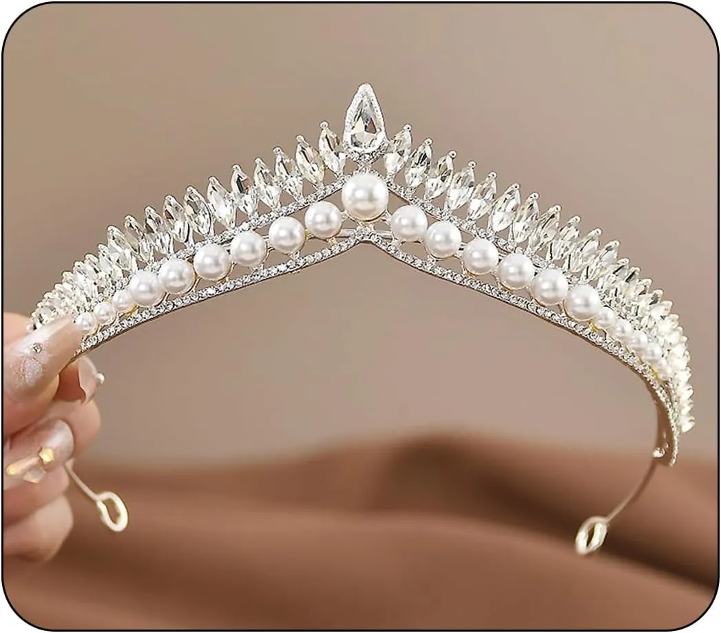 Wedding Crystal Tiara for Women Elegant Bridal Pearl Rhinestone Crown Swan Queen Princess Costume Crown Star Crystal Headpiece Accessory for Cosplay Birthday Party