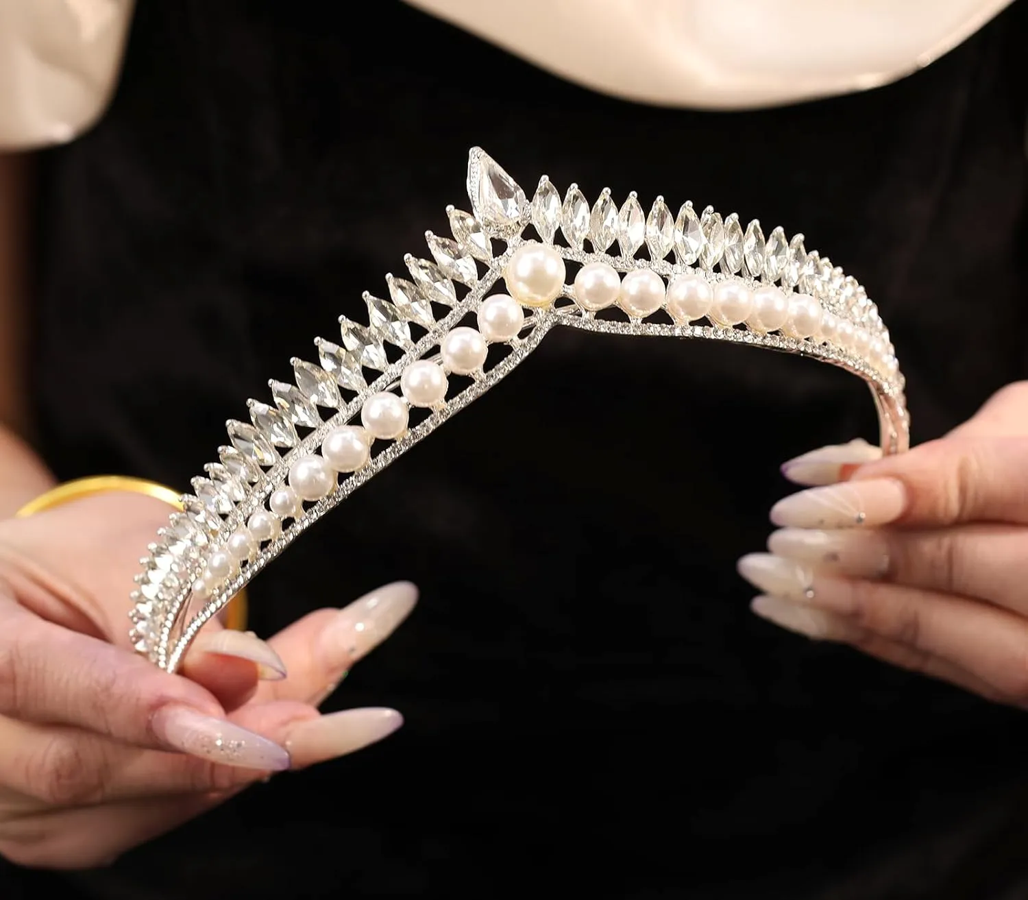 Wedding Crystal Tiara for Women Elegant Bridal Pearl Rhinestone Crown Swan Queen Princess Costume Crown Star Crystal Headpiece Accessory for Cosplay Birthday Party
