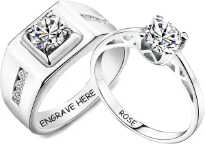 Wedding Promise Rings for Couples - Engravable King & Queen Rings, Set of 2 in Sterling Silver, 10K, 14K & 18K Solid Gold