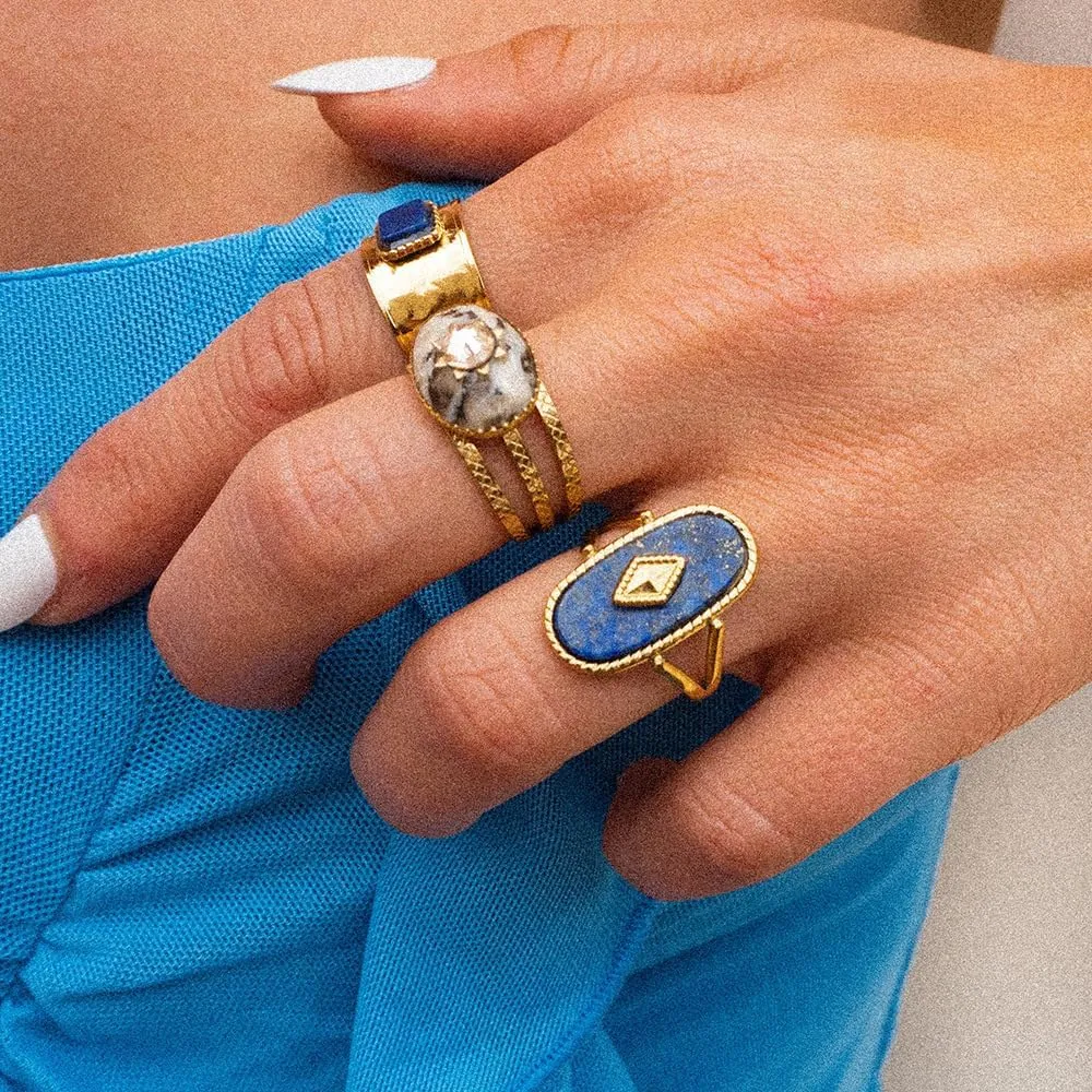 Western Chunky Natural Lapis Lazuli/African Jade Statement Rings, 10 * 25MM Cut Gemstone 18K Gold Plated Exaggerated Resizable Rings, Stackable Fashion Ring for Women
