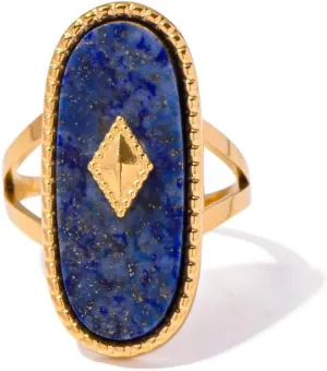 Western Chunky Natural Lapis Lazuli/African Jade Statement Rings, 10 * 25MM Cut Gemstone 18K Gold Plated Exaggerated Resizable Rings, Stackable Fashion Ring for Women