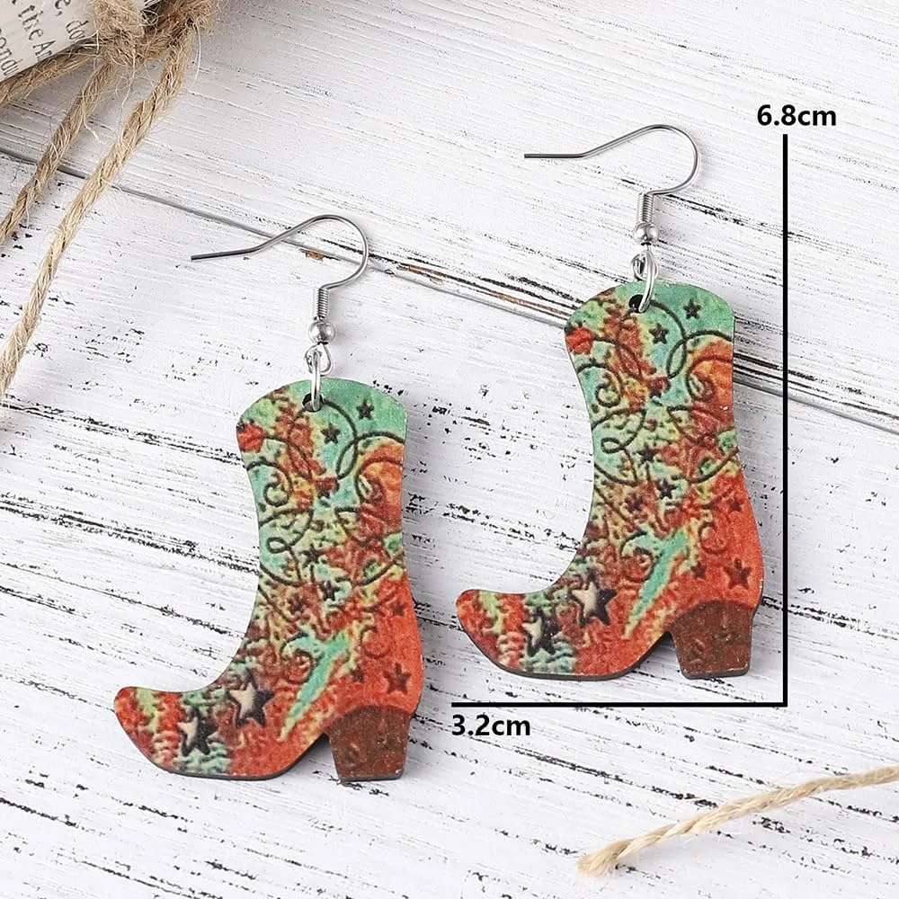 Western Country Cool Cowgirl Cowboy Boot Hat Double-sided Print Lightweight Wooden Drop Dangle Earrings Y2K Boho Vintage Party Cute Jewelry for Women
