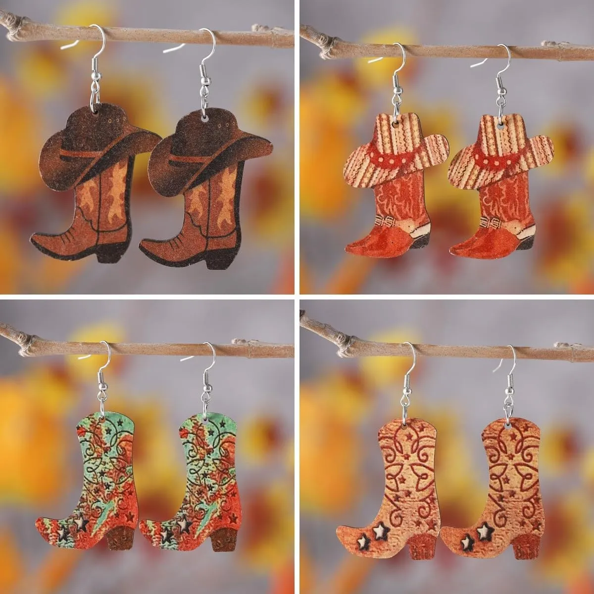 Western Country Cool Cowgirl Cowboy Boot Hat Double-sided Print Lightweight Wooden Drop Dangle Earrings Y2K Boho Vintage Party Cute Jewelry for Women