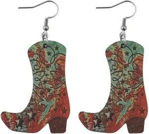 Western Country Cool Cowgirl Cowboy Boot Hat Double-sided Print Lightweight Wooden Drop Dangle Earrings Y2K Boho Vintage Party Cute Jewelry for Women