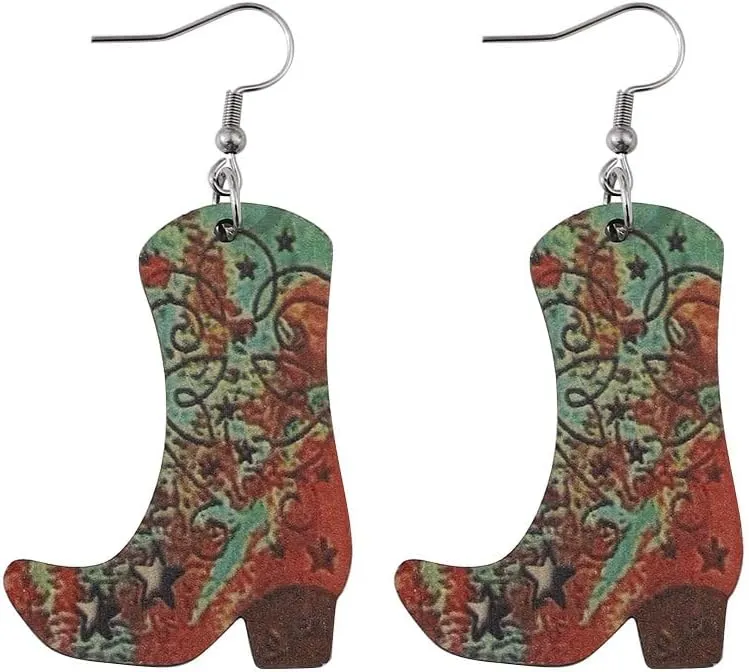 Western Country Cool Cowgirl Cowboy Boot Hat Double-sided Print Lightweight Wooden Drop Dangle Earrings Y2K Boho Vintage Party Cute Jewelry for Women