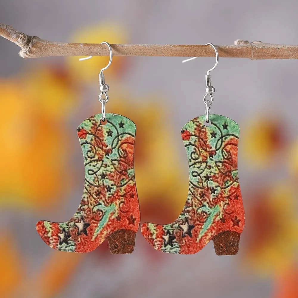 Western Country Cool Cowgirl Cowboy Boot Hat Double-sided Print Lightweight Wooden Drop Dangle Earrings Y2K Boho Vintage Party Cute Jewelry for Women