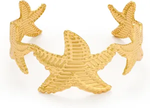 Wide Gold Cuff Bracelets for Women Boho Vintage Statement Starfish Open Bangle Bracelet Irregular Summer Beach Shell Sea Coral Bracelets