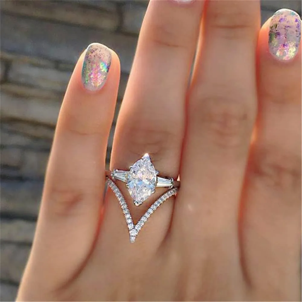 Women's 925 Sterling Silver Ring Fashion Imitation Diamond Marquise Finger Rings Shiny AAA CZ Cubic Zircon Ring V Shape White Gold Engagement Wedding Jewelry Band Anniversary Ring F002 (7)