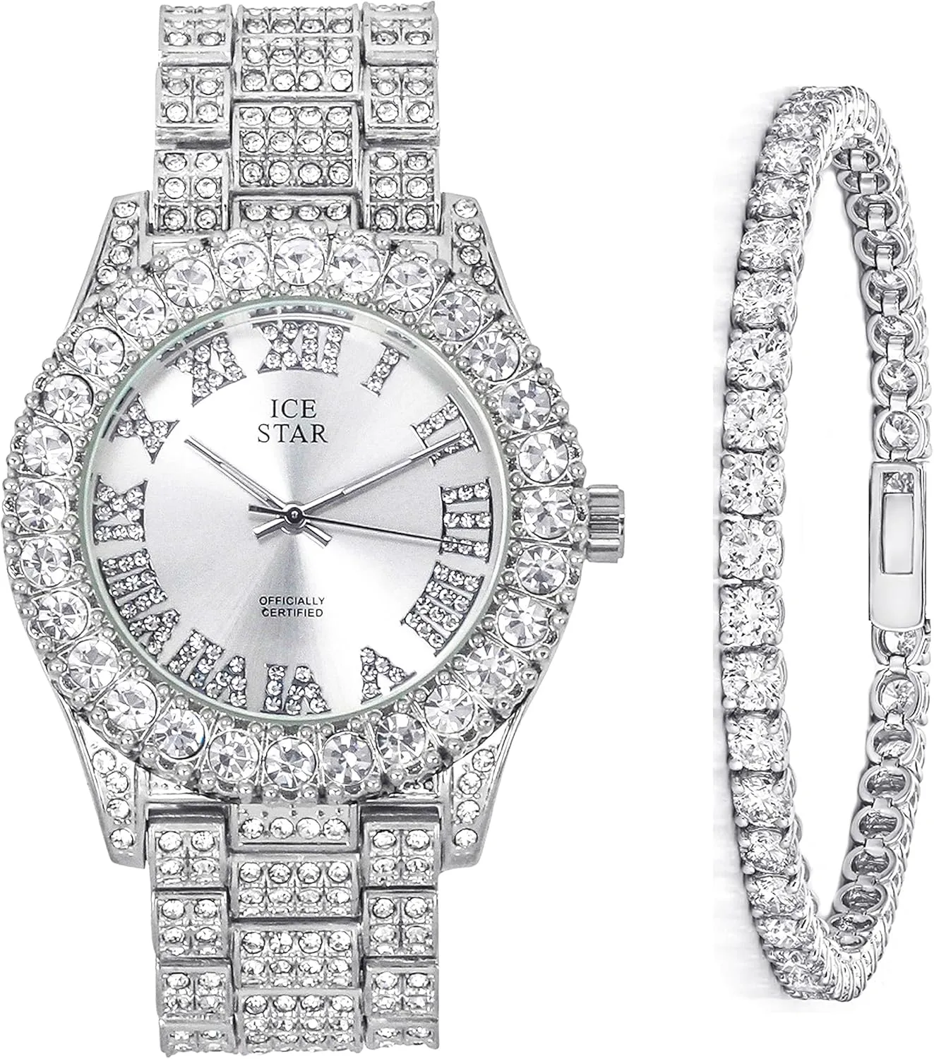 Womens Iced Solitaire Bezel Watch & Tennis Bracelet Set, 44mm Case