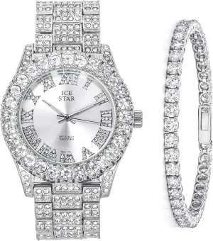 Womens Iced Solitaire Bezel Watch & Tennis Bracelet Set, 44mm Case