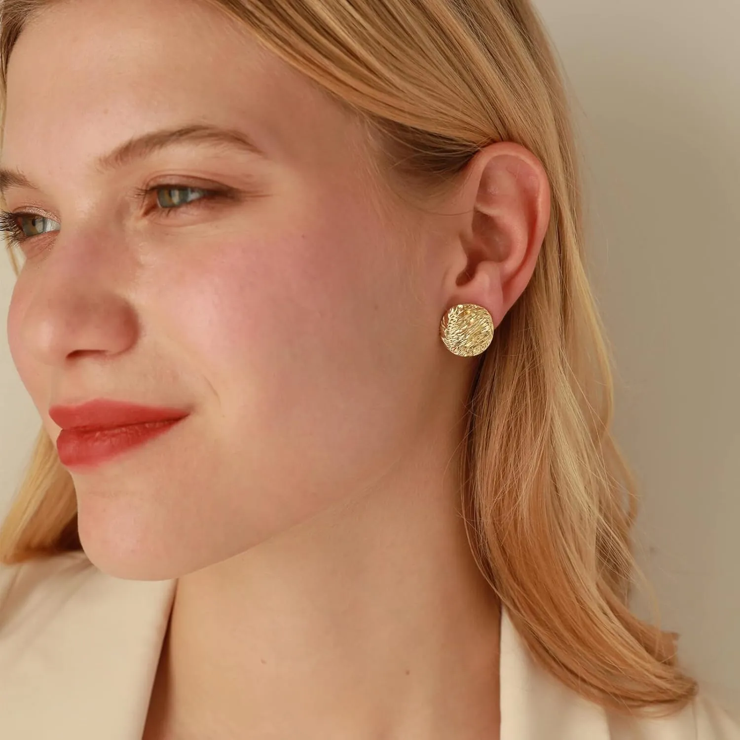 Womens Round Coin Stud Earrings, Disc Button Ear Studs