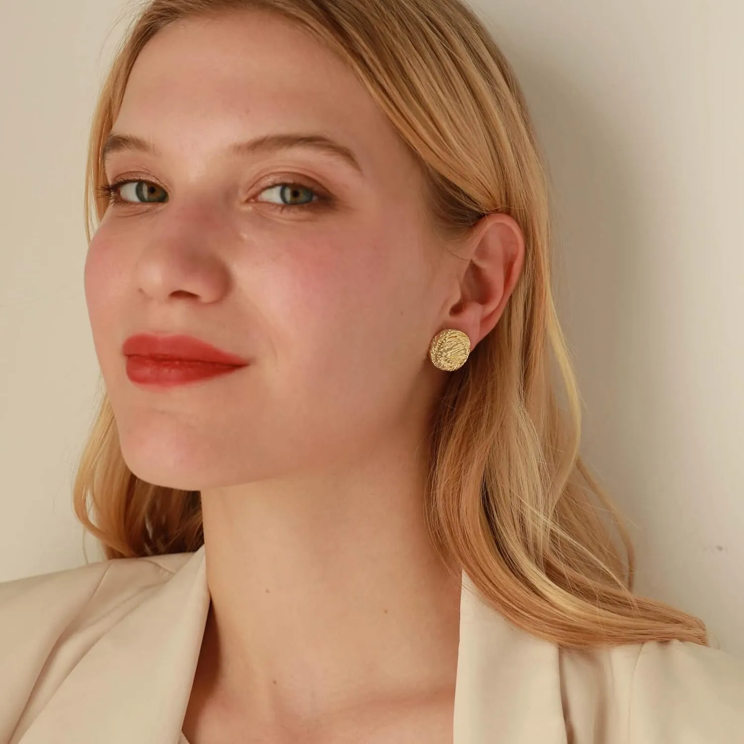 Womens Round Coin Stud Earrings, Disc Button Ear Studs