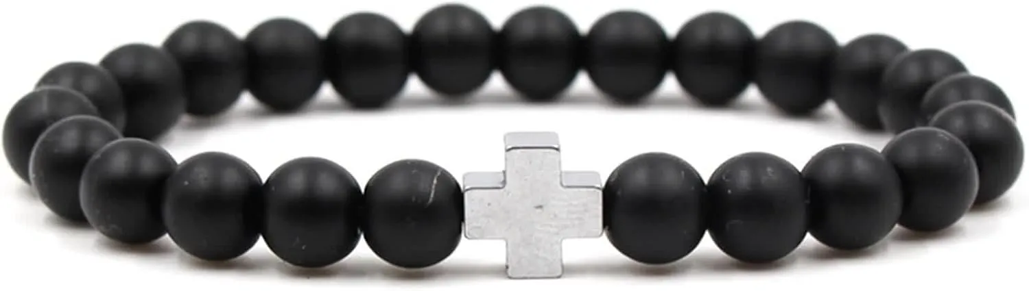 Wycian Glass Bead Bracelets, Bracelets for Men with Cross Black Alloy Cross 19cmx8mm Nature Stones for Graduation Buddhist Prayer Bracelet