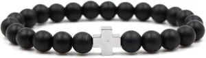 Wycian Glass Bead Bracelets, Bracelets for Men with Cross Black Alloy Cross 19cmx8mm Nature Stones for Graduation Buddhist Prayer Bracelet