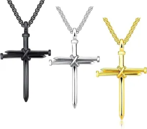 XAM 3PCS Fashion Jewelry Polished Stainless Steel Nail Cross Pendant-Chain Necklace Christian Jewelry Church Baptism Gift Cross Pendant Necklaces for Men Women